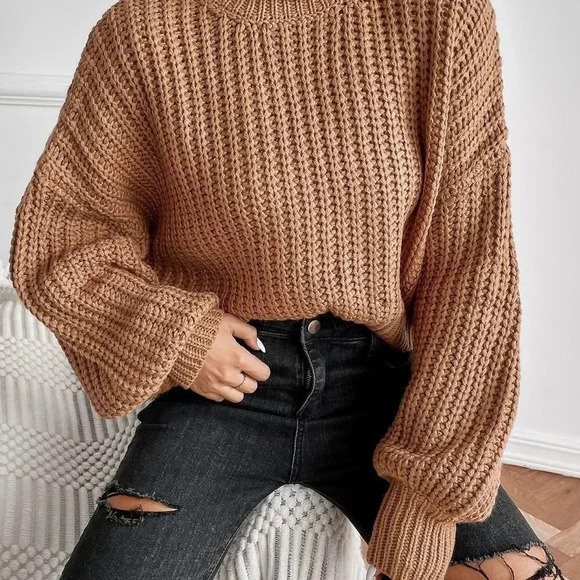 Mocha Brown Casual Womens Turtleneck Drop Shoulder Ribbed Knit Sweater - Picture 4 of 5